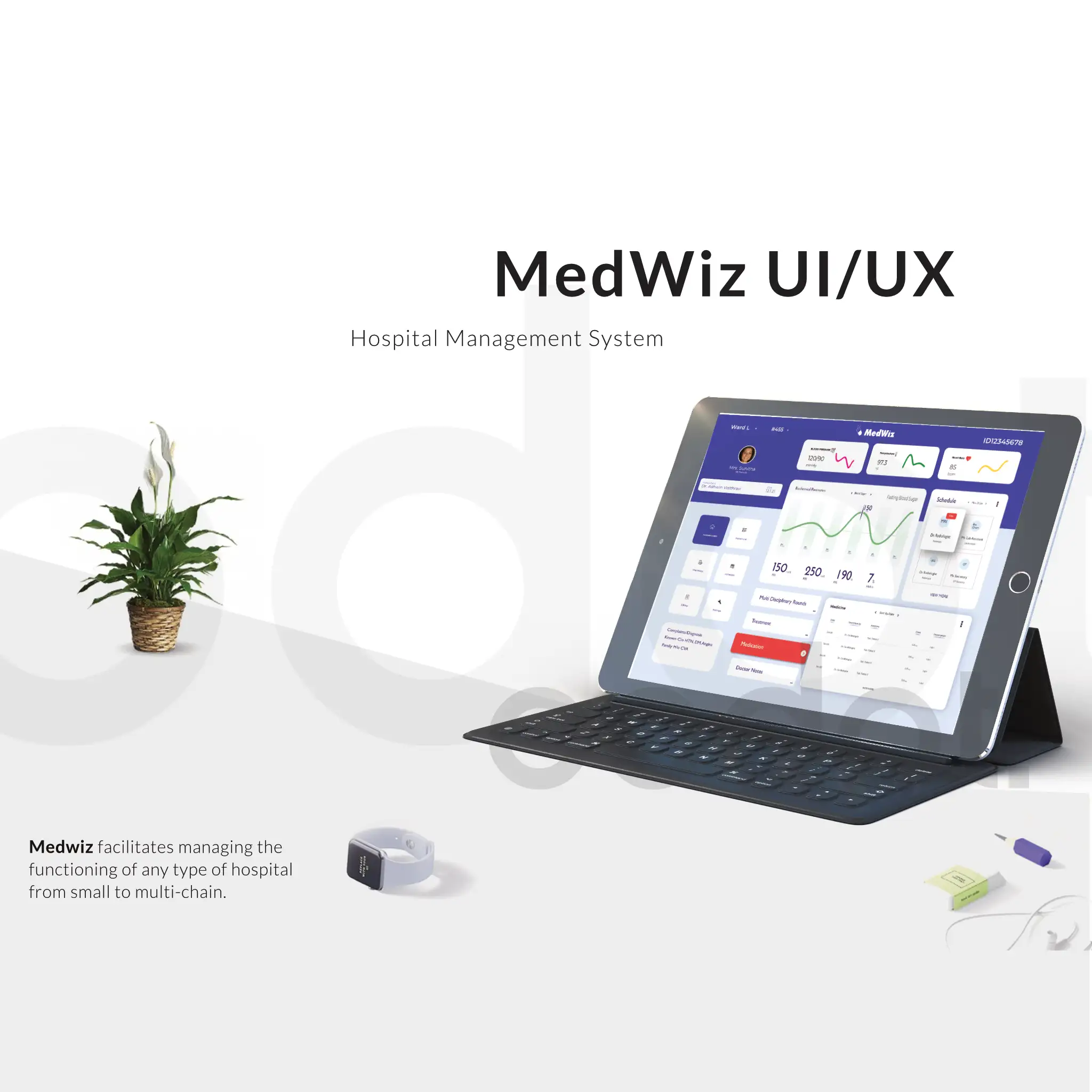 MedWiz hospital management dashboard UI design showing analytics and system interface