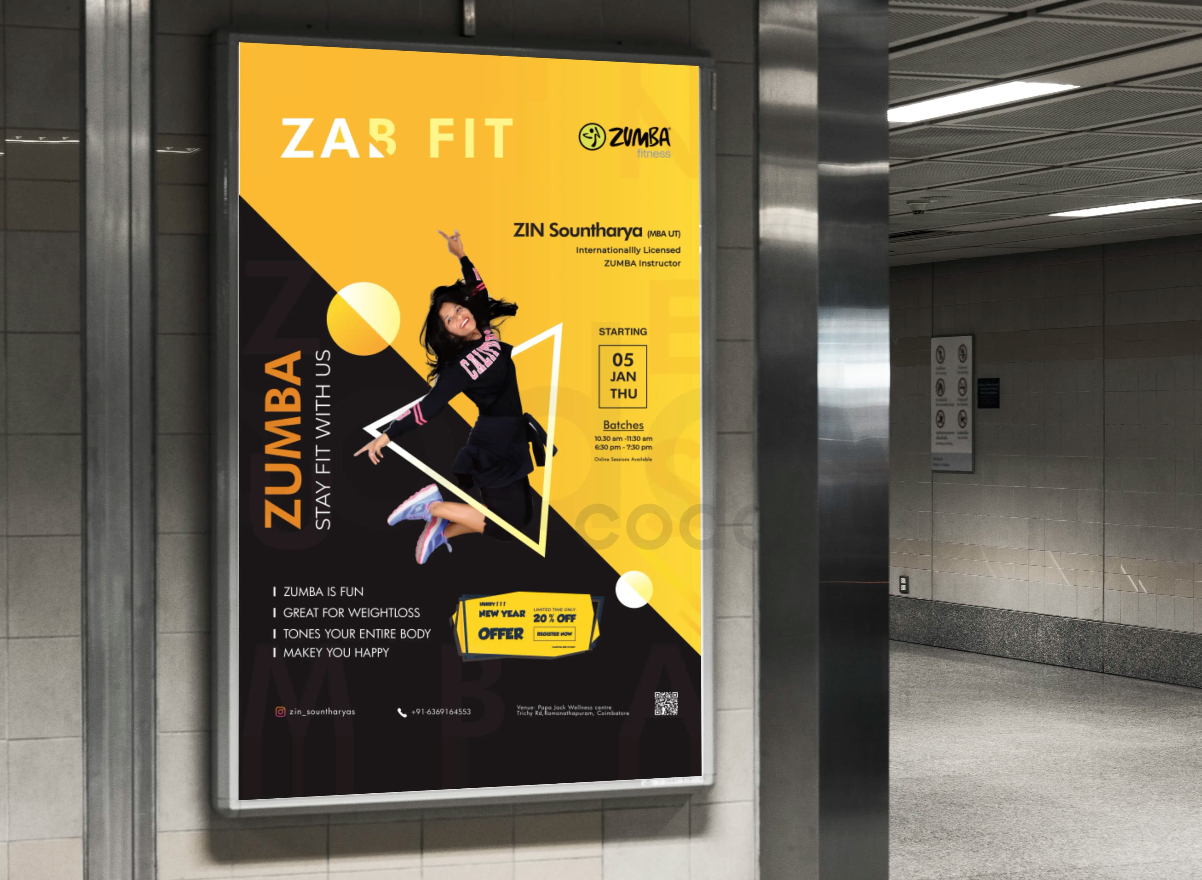 Zumba fitness billboard advertisement design displayed in real outdoor mockup