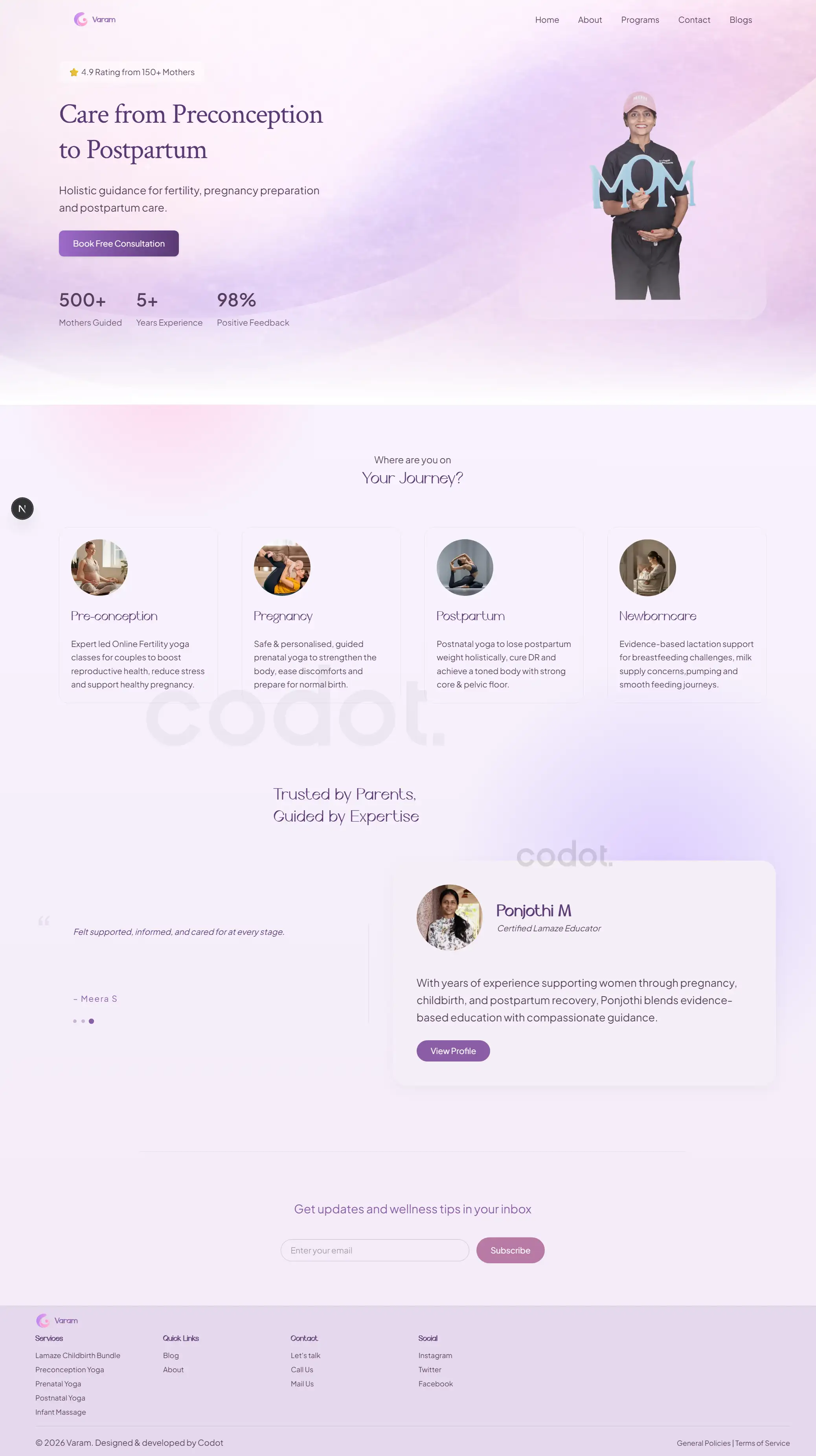 Homepage of Varam maternity care website showing prenatal and postnatal programs