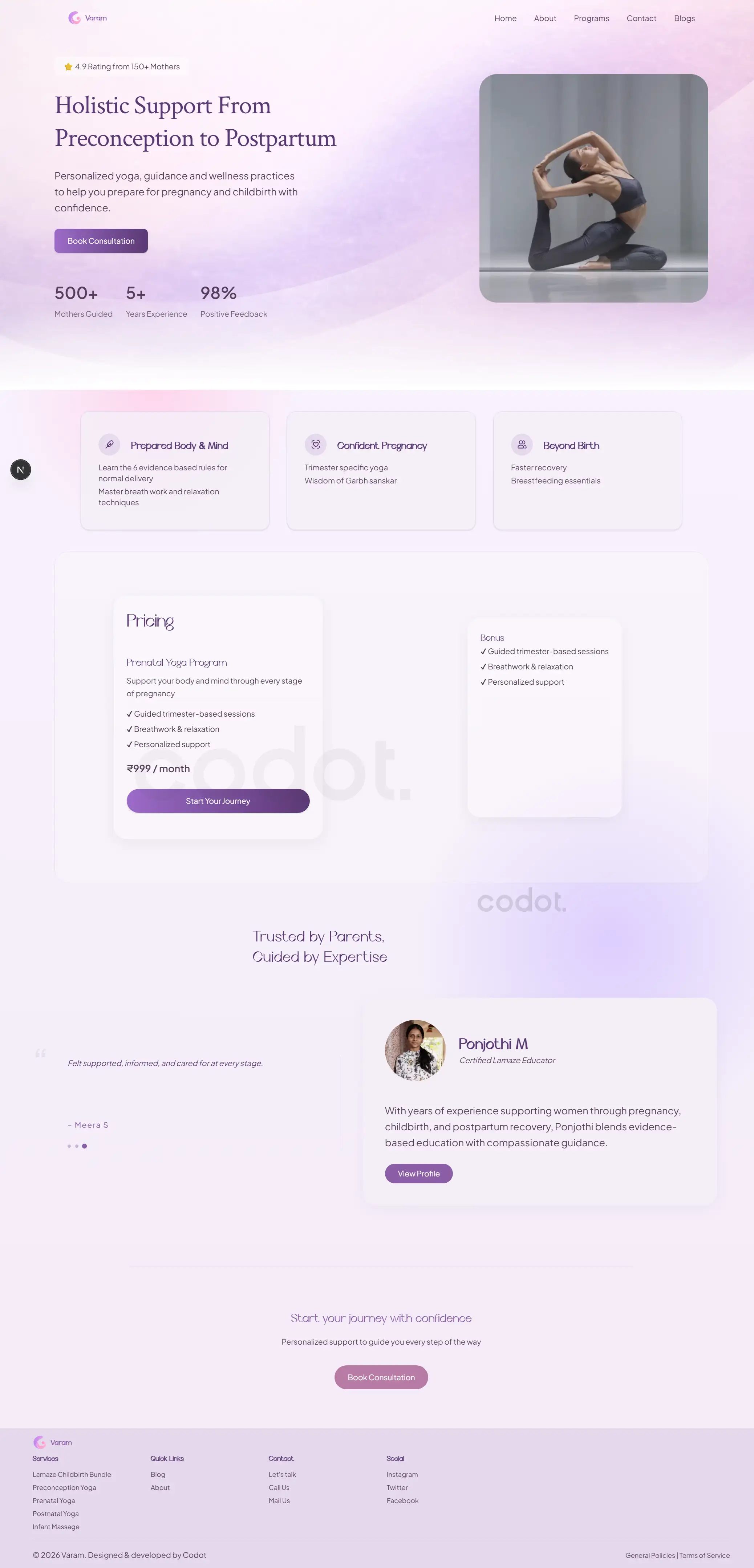Landing page highlighting maternity care programs including prenatal and lactation support