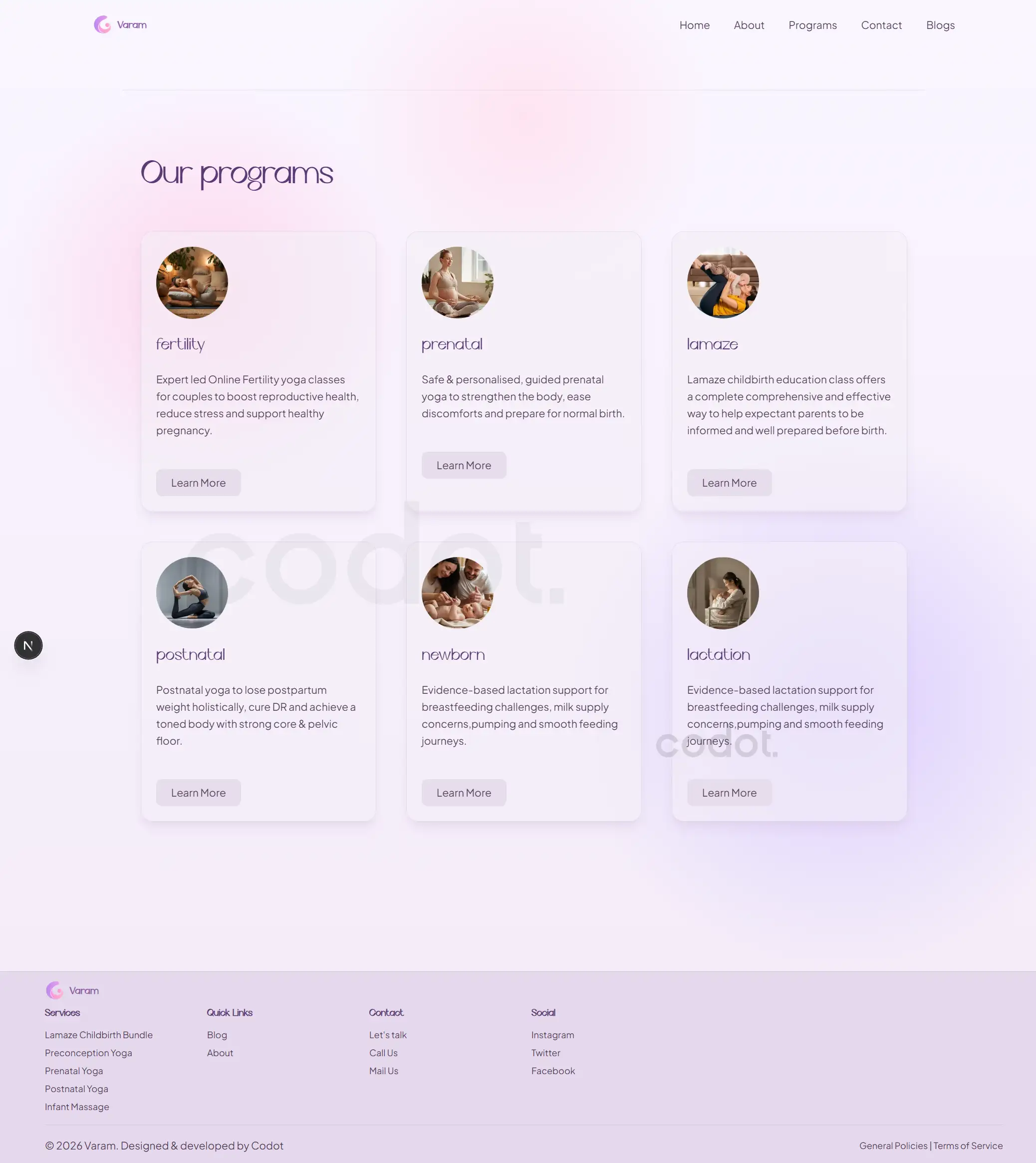 Maternity programs page showing prenatal, postnatal and lactation care services