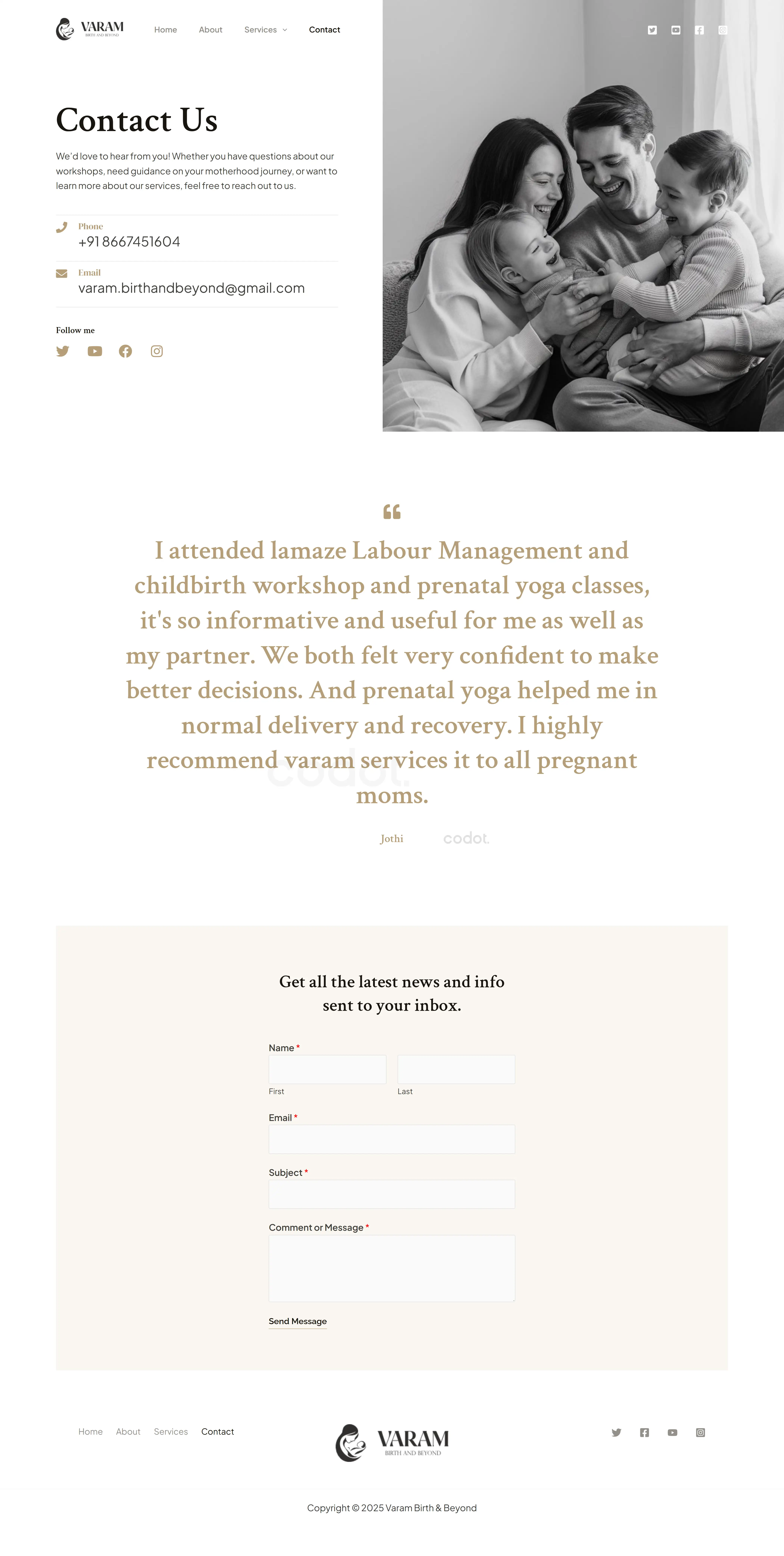 Contact page of Varam maternity platform with consultation and support options
