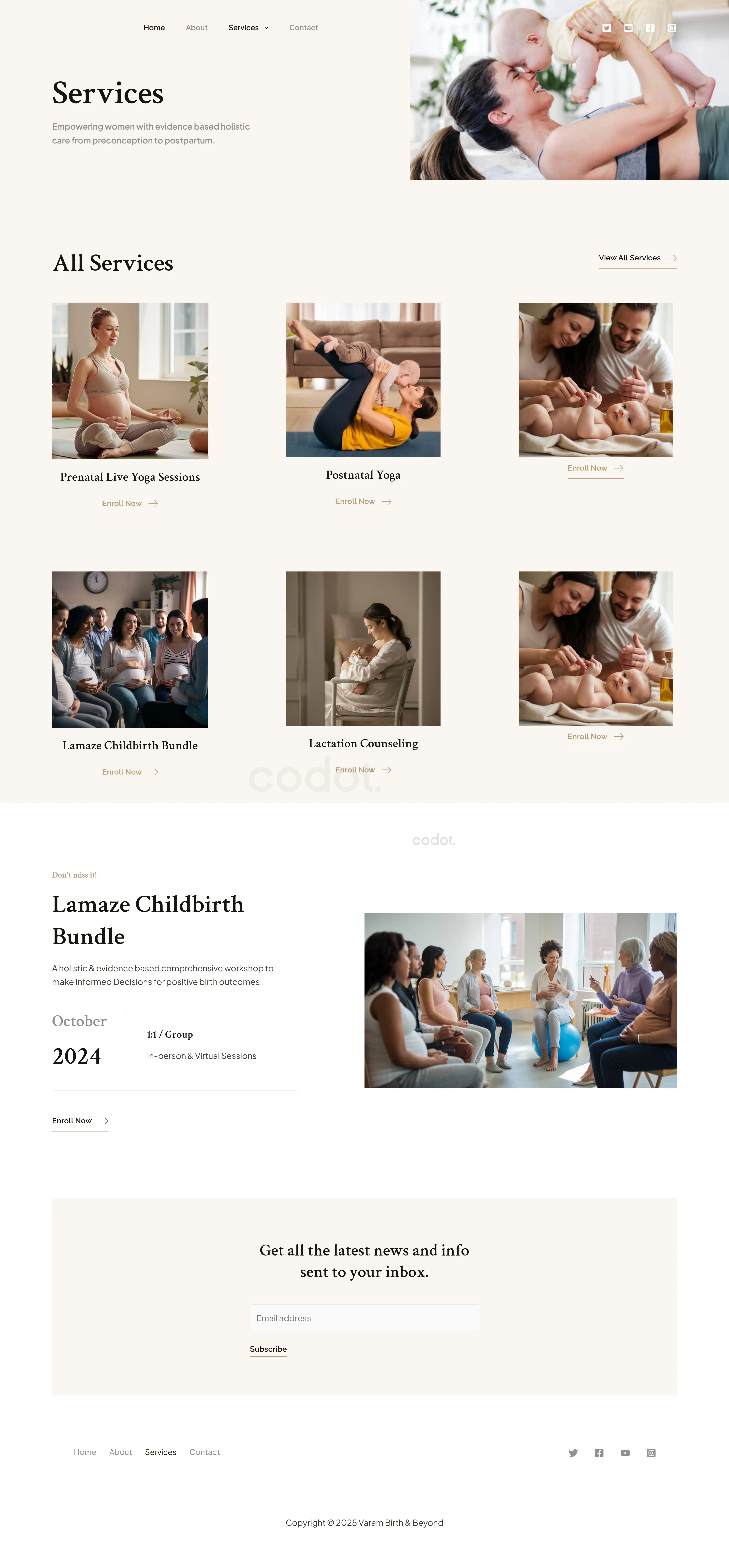 Maternity programs page showing prenatal, postnatal and lactation care services